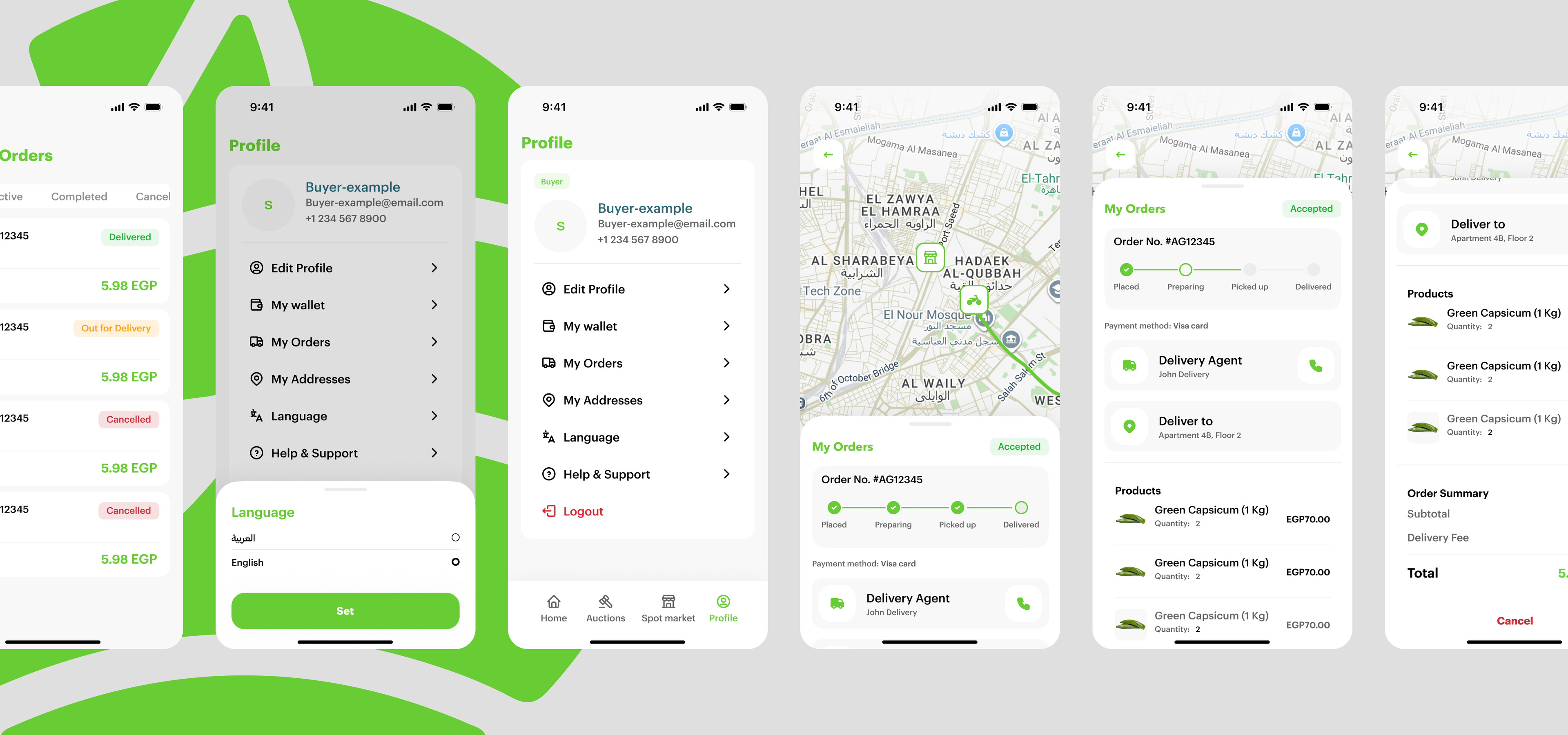 Agribasket profile, orders, and delivery tracking screens