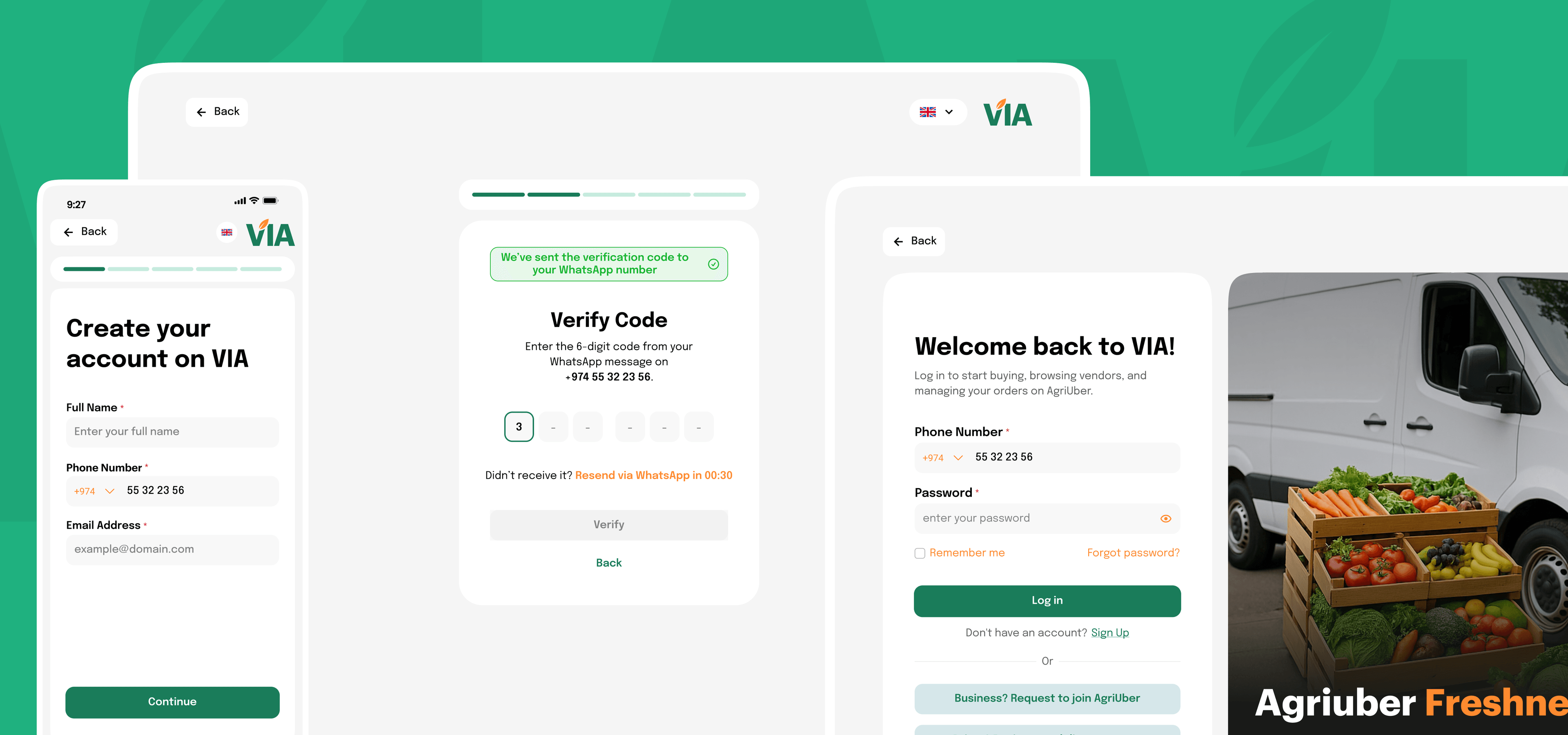 VIA app sign-up and login screens