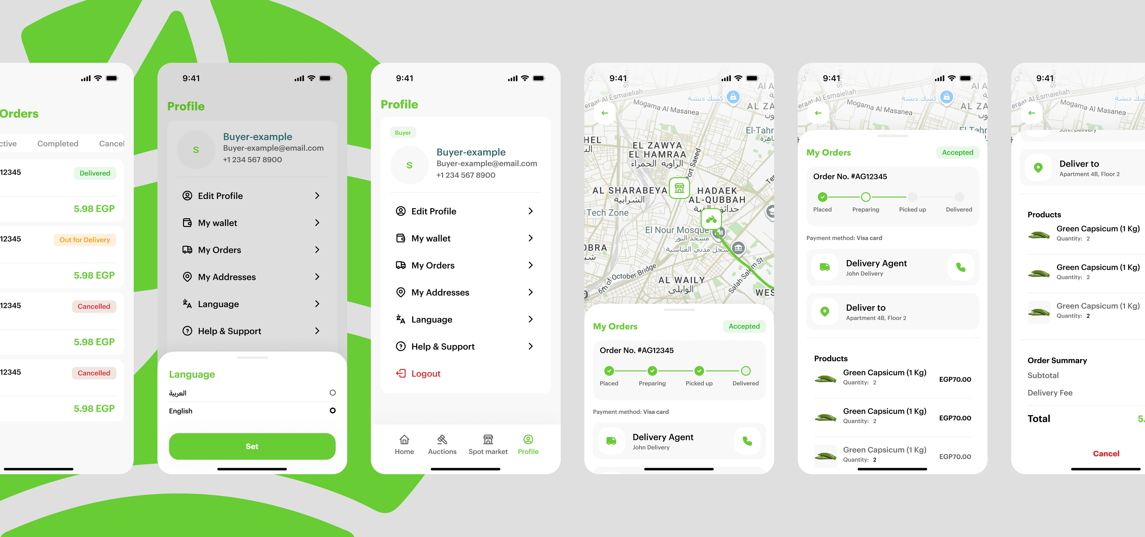 Agribasket profile, orders, and delivery tracking screens