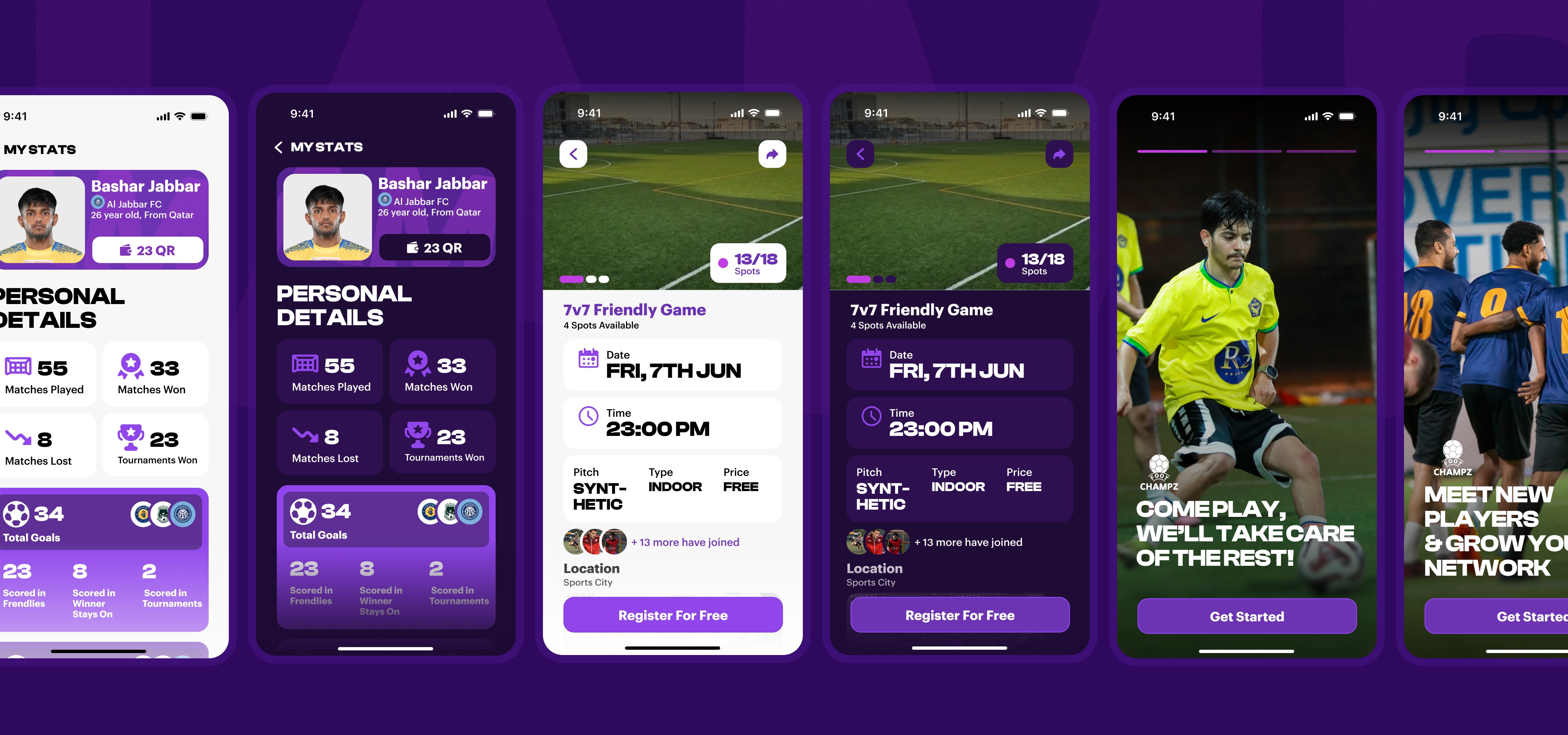 Champz player app stats and pitch booking screens